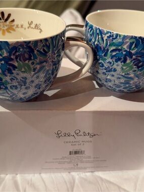 Lilly Pulitzer Blue & Green Floral Ceramic Mug Set with Gold Handles